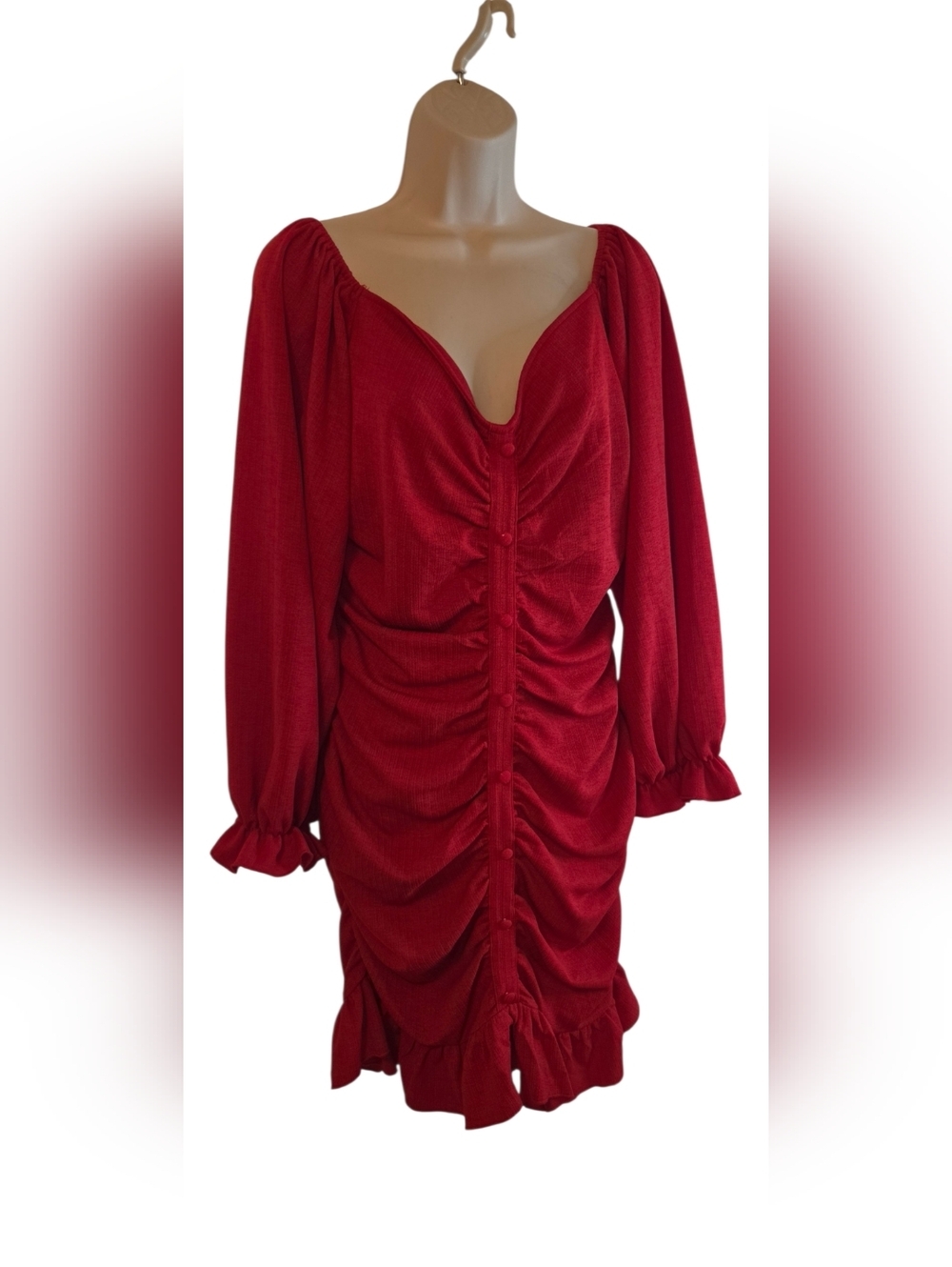 Ruched Red Long-Sleeve Mini Dress - Picture 2 of 11